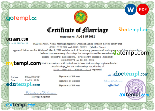 Mauritania marriage certificate Word and PDF template, completely editable