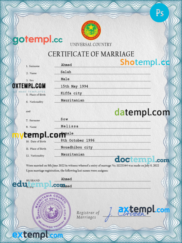 Mauritania marriage certificate PSD template, fully editable