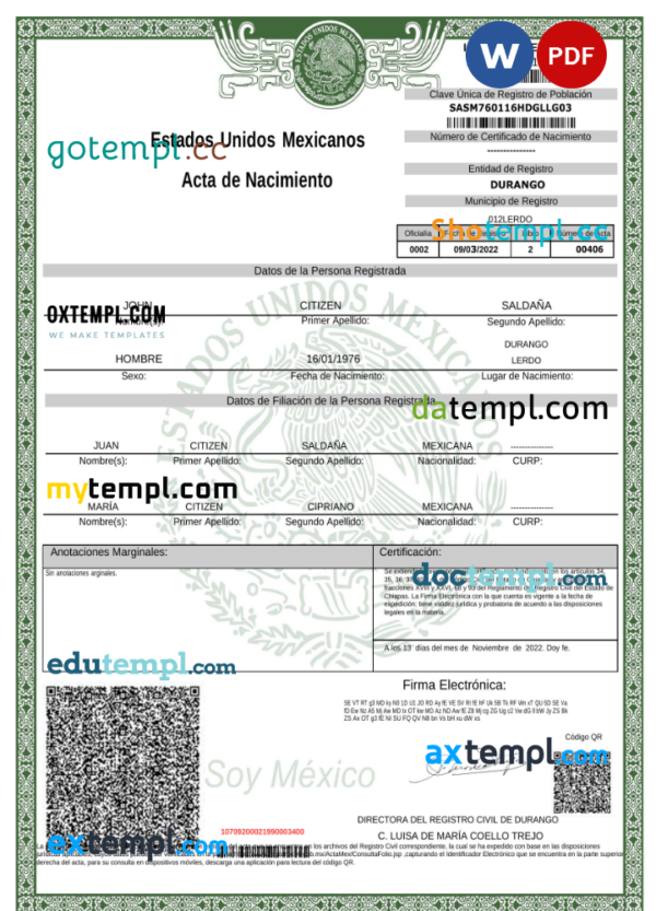 Mexico birth certificate Word and PDF template, version 2
