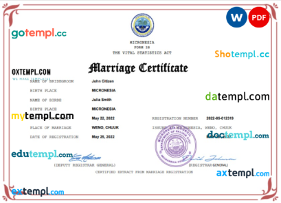 Micronesia marriage certificate Word and PDF template, fully editable