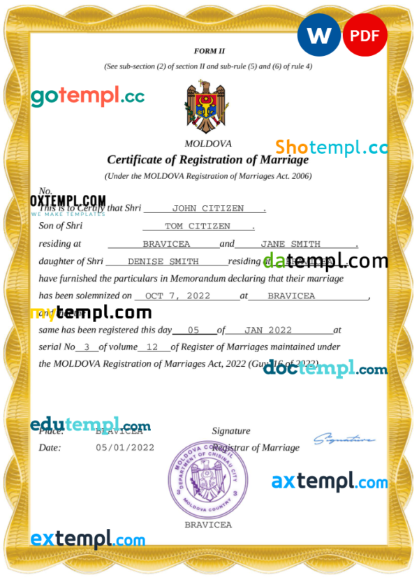 Moldova marriage certificate Word and PDF template, completely editable