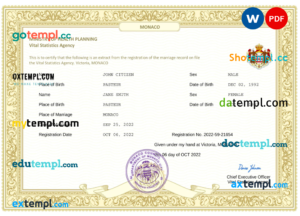 Monaco marriage certificate Word and PDF template, fully editable