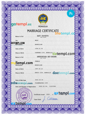 Mongolia marriage certificate PSD template, fully editable