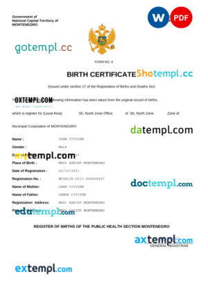 Montenegro birth certificate Word and PDF template, completely editable