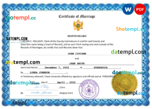 Montenegro marriage certificate Word and PDF template, fully editable