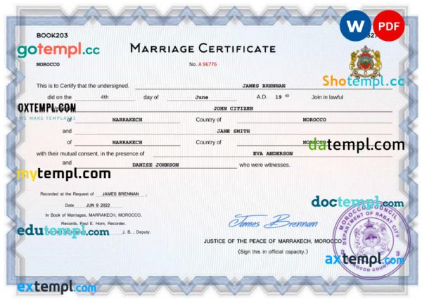Morocco marriage certificate Word and PDF template, completely editable