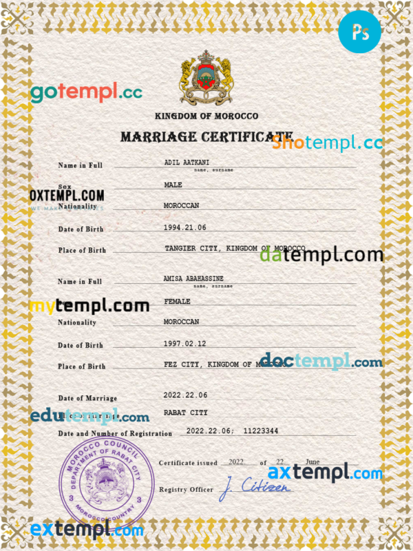 Morocco marriage certificate PSD template, fully editable