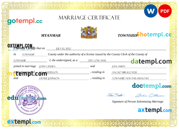 Myanmar marriage certificate Word and PDF template, completely editable