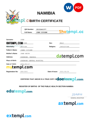 Namibia birth certificate Word and PDF template, completely editable