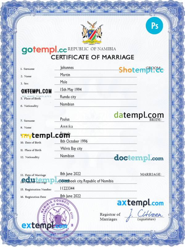 Namibia marriage certificate PSD template, completely editable