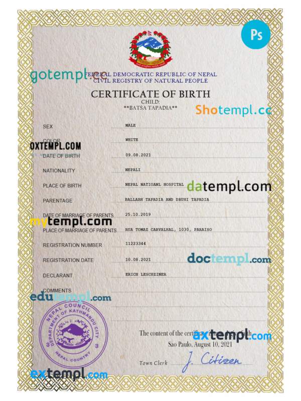 Nepal vital record birth certificate PSD template