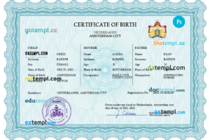 Netherlands vital record birth certificate PSD template, fully editable