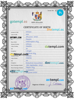 New Zealand birth certificate PSD template, completely editable
