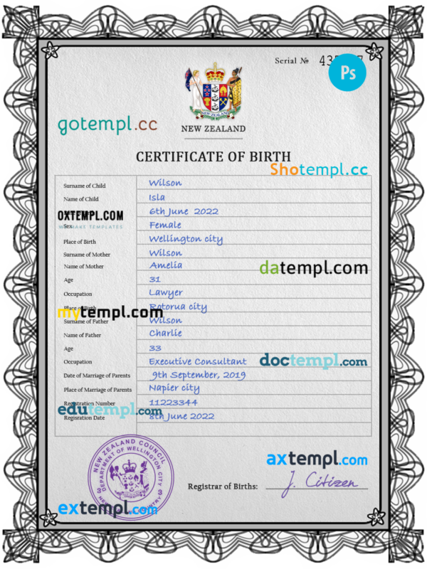 New Zealand birth certificate PSD template, completely editable