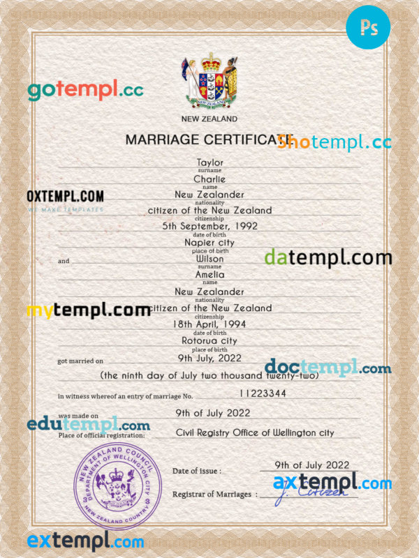 New Zealand marriage certificate PSD template, completely editable