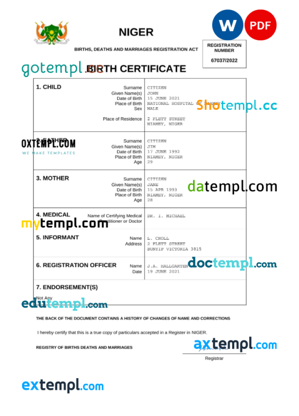 Niger birth certificate Word and PDF template, completely editable
