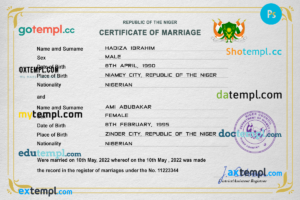 Niger marriage certificate PSD template, completely editable