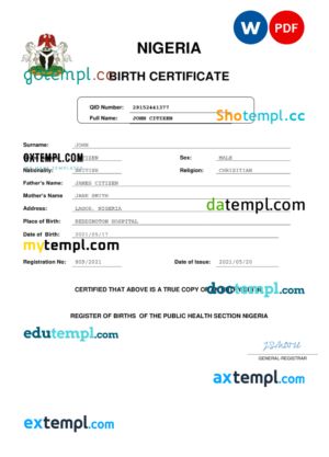 Nigeria vital record birth certificate Word and PDF template, completely editable