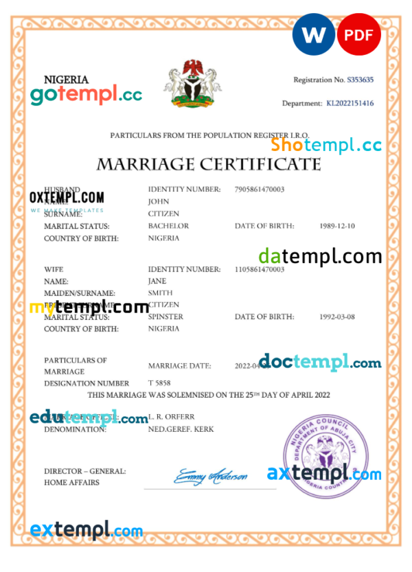 Nigeria marriage certificate Word and PDF template, completely editable