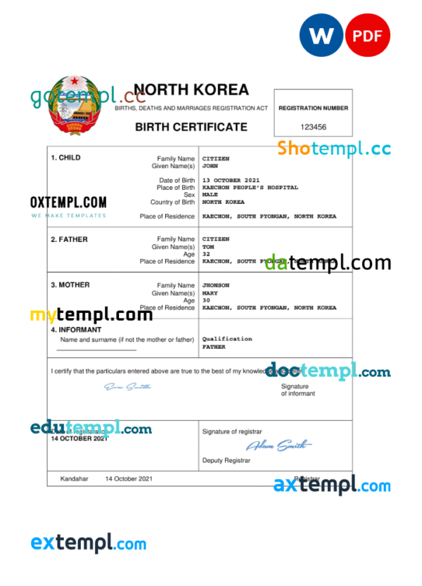 North Korea birth certificate Word and PDF template, completely editable