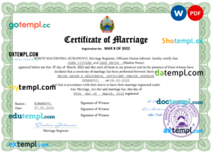 North Macedonia marriage certificate Word and PDF template, completely editable