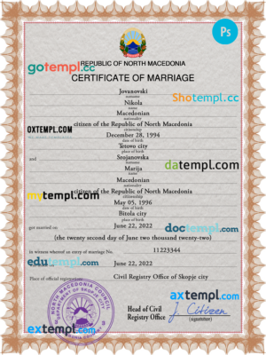 North Macedonia marriage certificate PSD template, fully editable