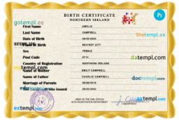 Northern Ireland vital record birth certificate PSD template, fully editable