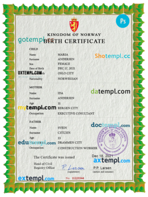 Norway birth certificate PSD template, completely editable