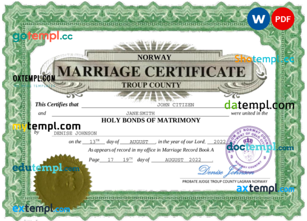 Norway marriage certificate Word and PDF template, fully editable