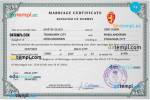 Norway marriage certificate PSD template, fully editable