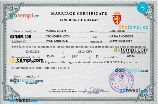 Norway marriage certificate PSD template, fully editable