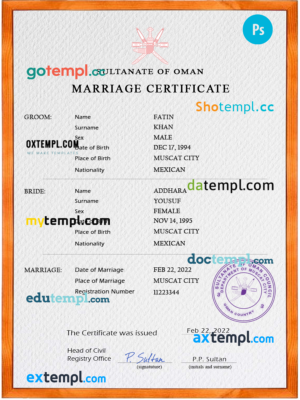 Oman marriage certificate PSD template, completely editable