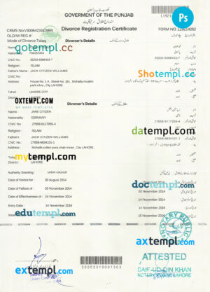 PAKISTAN (Punjab) divorce certificate PSD template, with fonts