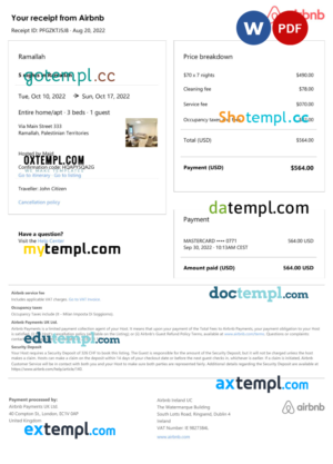 Palestine Airbnb booking confirmation Word and PDF template