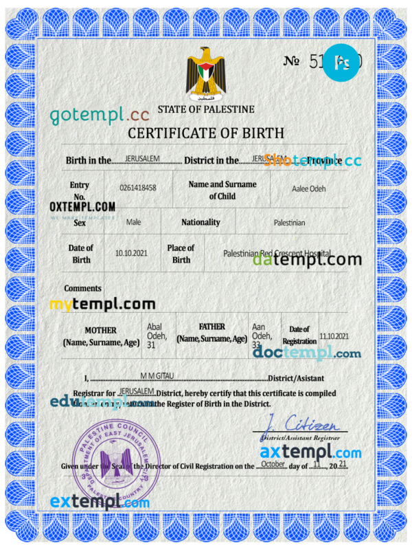 Palestine vital record birth certificate PSD template
