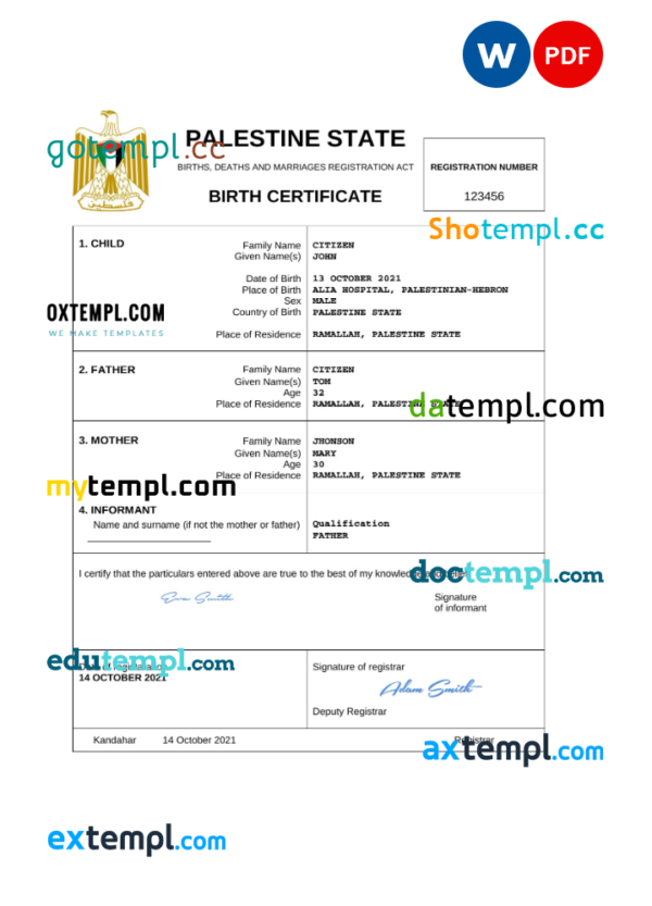 Palestine vital record birth certificate Word and PDF template, completely editable