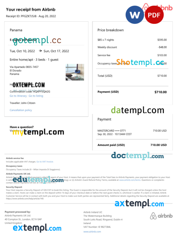 Panama Airbnb booking confirmation Word and PDF template