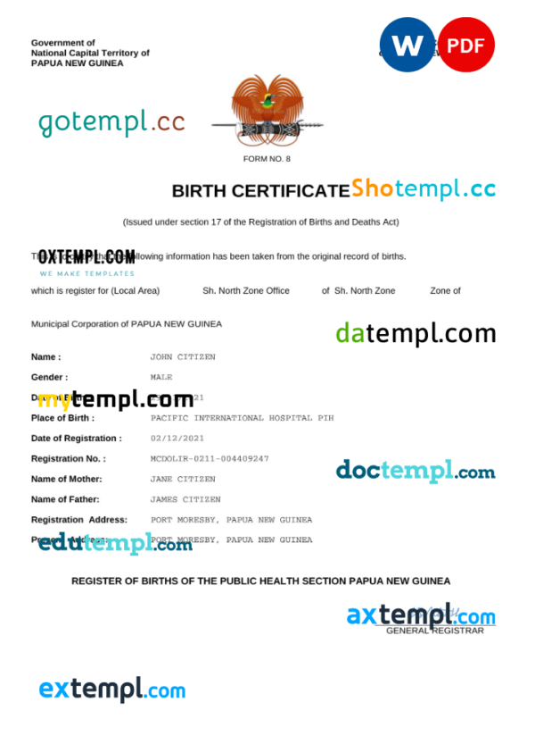 Papua New Guinea vital record birth certificate Word and PDF template, completely editable