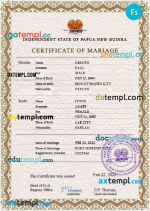 Papua New Guinea marriage certificate PSD template, fully editable