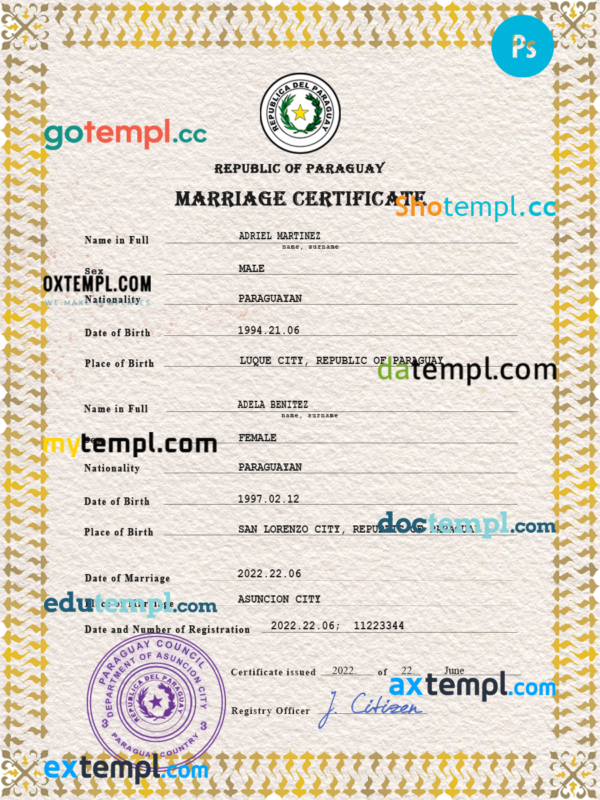 Paraguay marriage certificate PSD template, completely editable