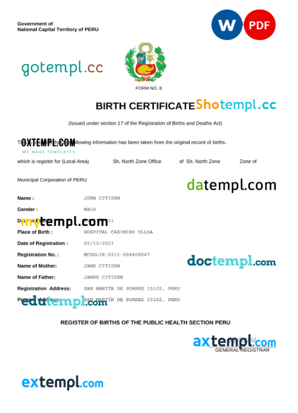 Peru birth certificate Word and PDF template, completely editable