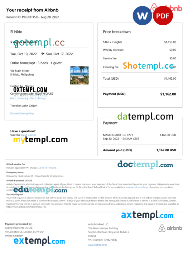Philippines Airbnb booking confirmation Word and PDF template