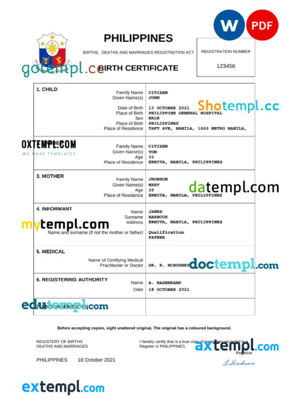 Philippines vital record birth certificate Word and PDF template, completely editable