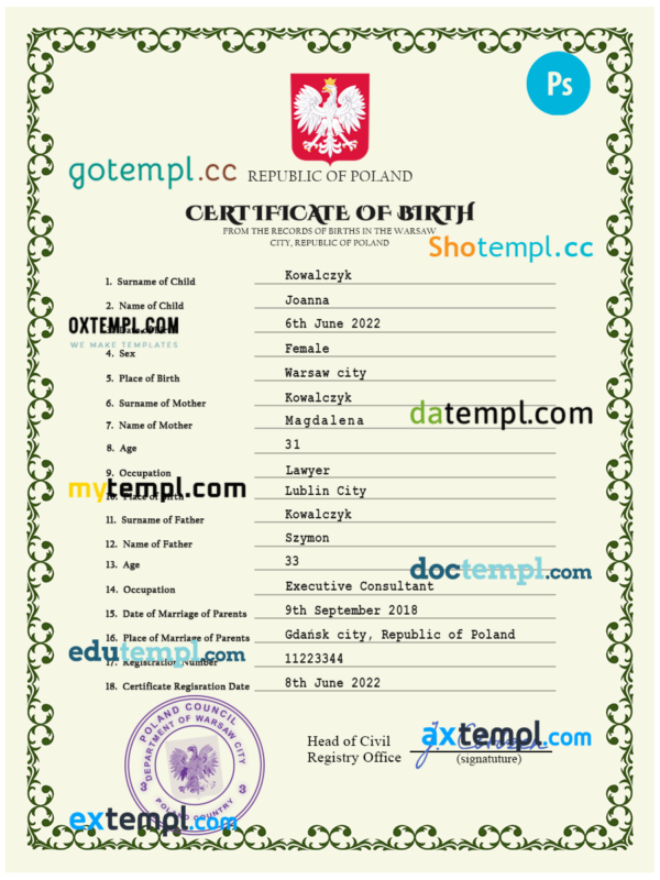 Poland vital record birth certificate PSD template