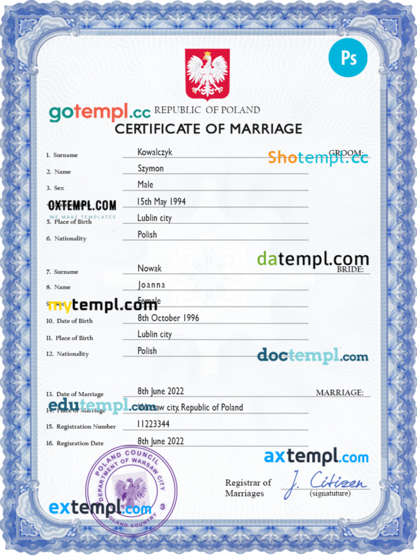 Poland marriage certificate PSD template, completely editable