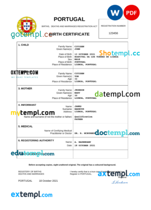 Portugal birth certificate Word and PDF template, completely editable
