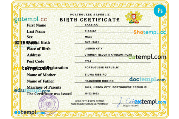 Portugal vital record birth certificate PSD template, fully editable