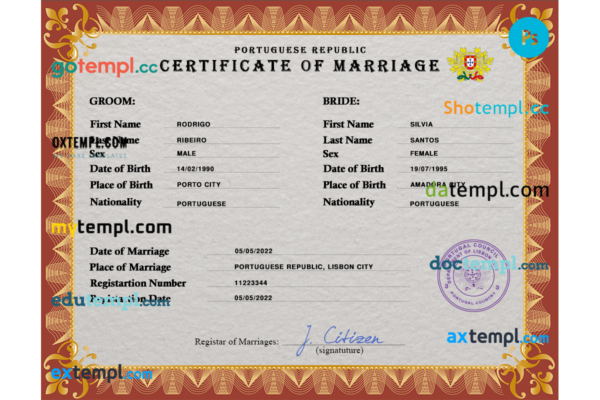 Portugal marriage certificate PSD template, fully editable