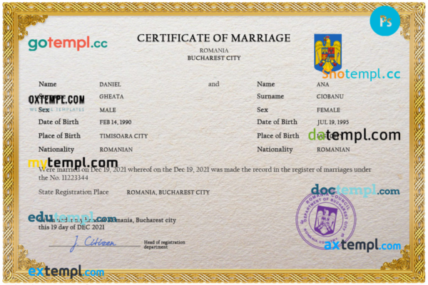 Romania marriage certificate PSD template, fully editable