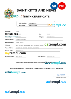 Saint Kitts and Nevis vital record birth certificate Word and PDF template, completely editable